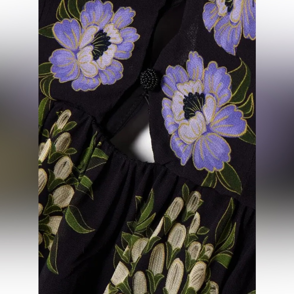 NWT Farm Rio Ruffled Tiered Printed Georgette Midi Dress Black and Purple - Picture 3 of 10